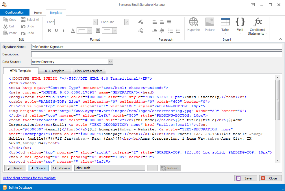 Email Signature Manager template HTML source editor.