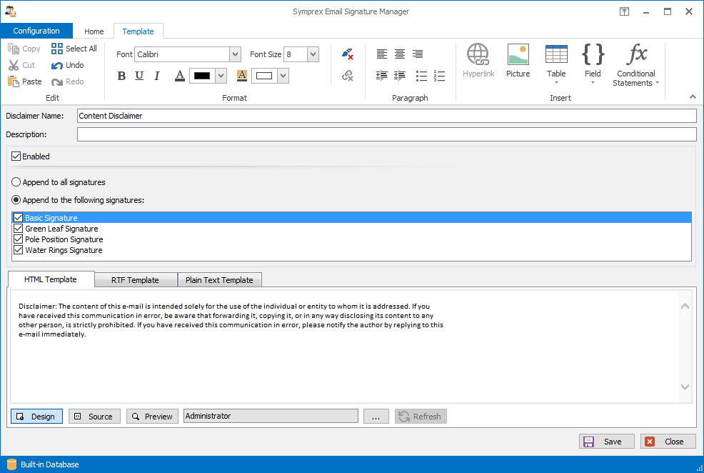 Email Signature Manager email disclaimer template editor.