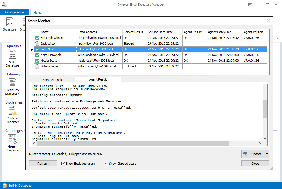 Email Signature Manager Status Monitor dialog.