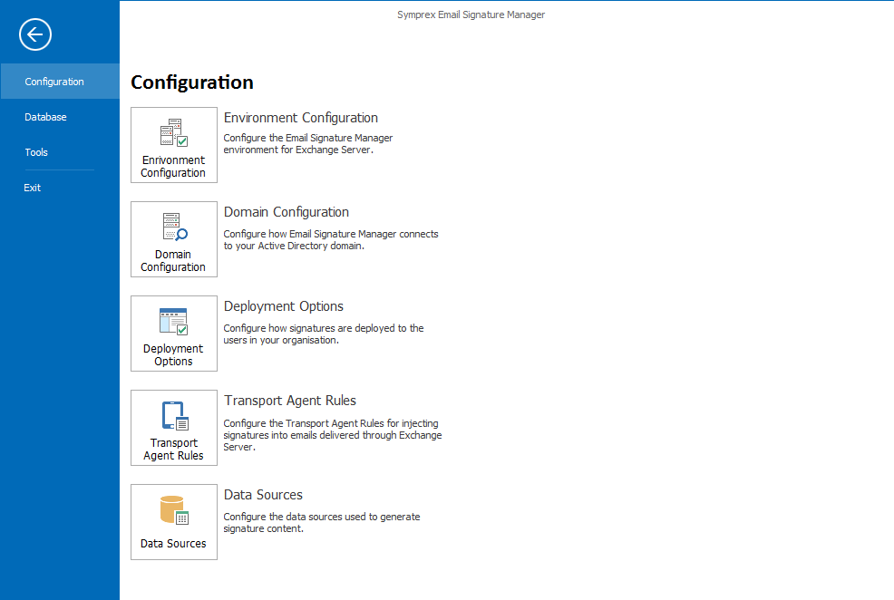 Email Signature Manager Configuration backstage.