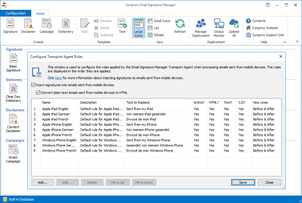 Email Signature Manager Configure Transport Agent Rules dialog.